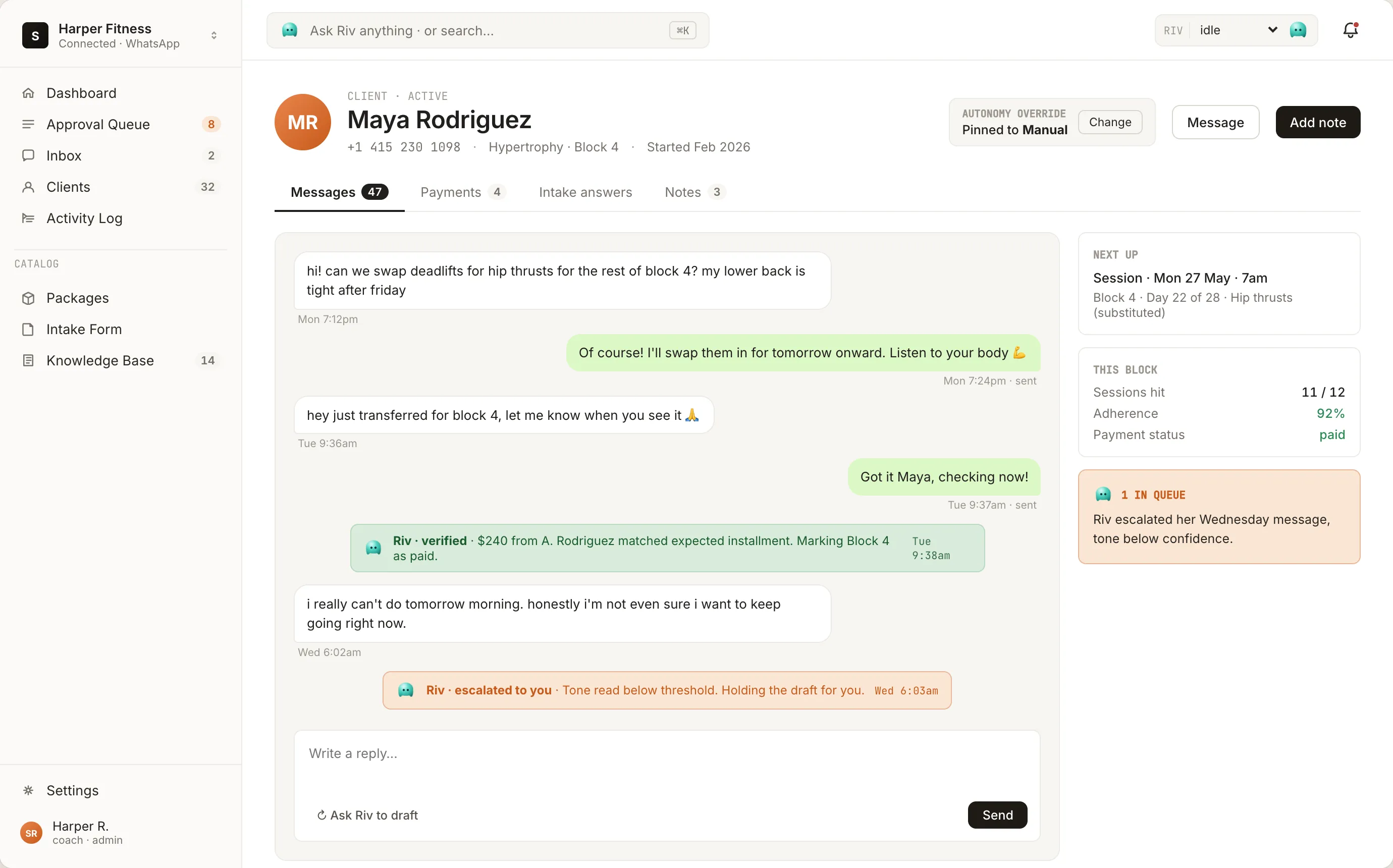 A client page in Crewriv: the full WhatsApp conversation with Maya beside her details, with her next session, attendance, and payment status in a sidebar