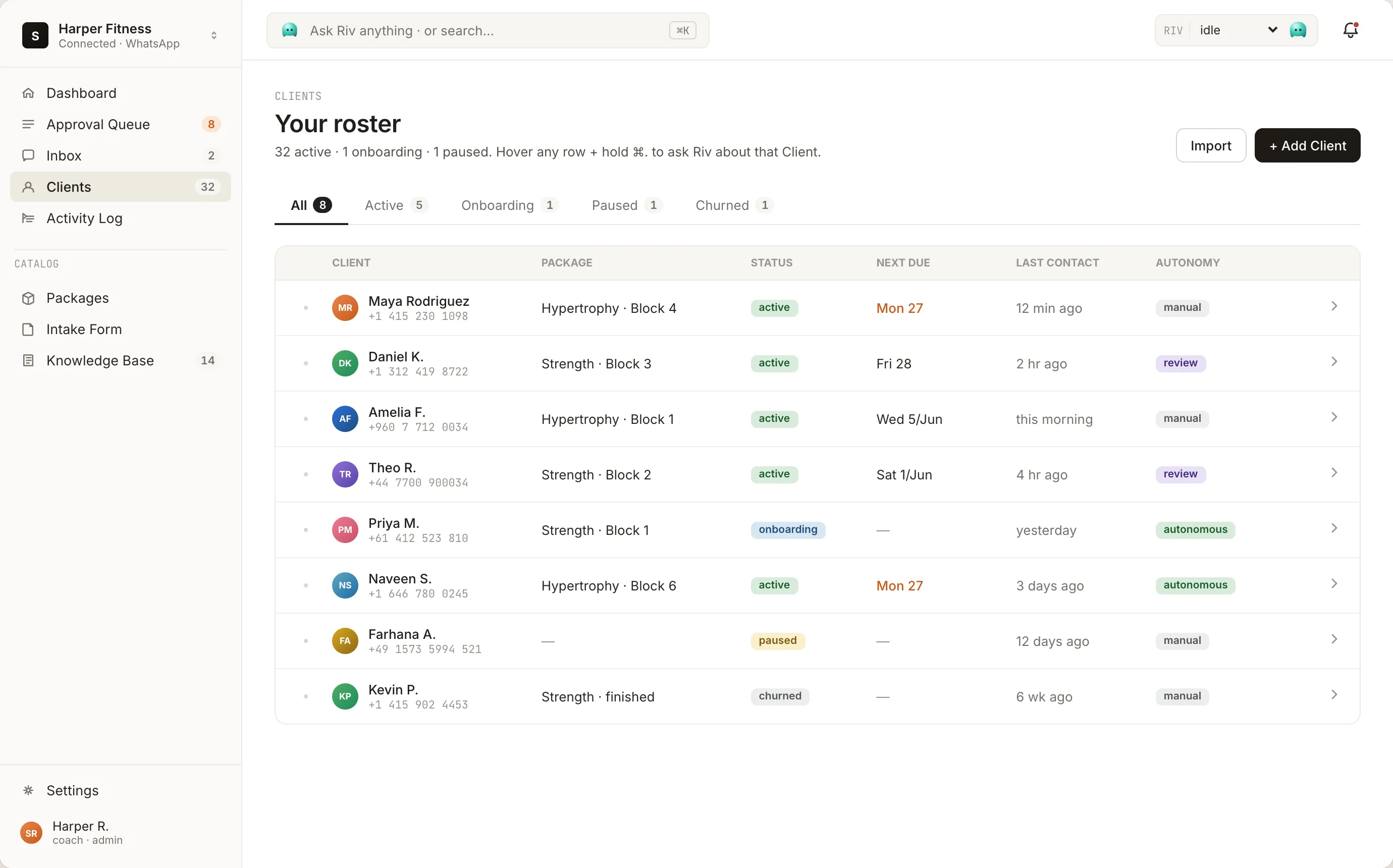 The Crewriv clients screen: a roster of clients with their package, status, next due date, last contact, and autonomy level