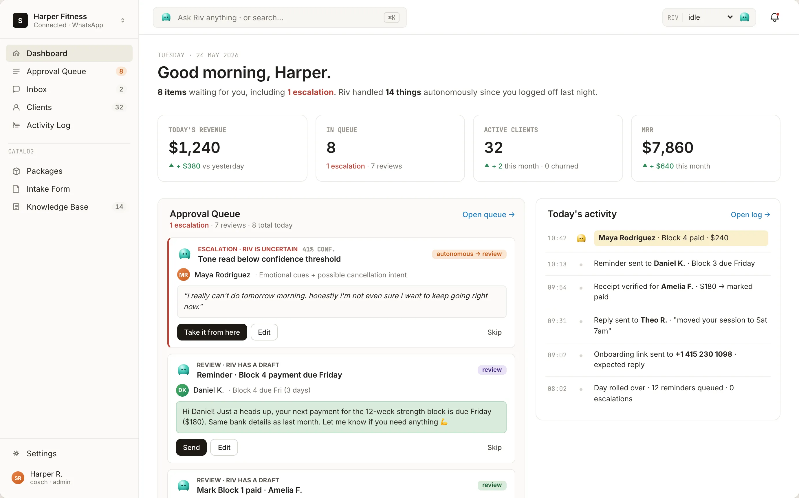 The Crewriv dashboard: revenue this month, active clients, who's due and overdue, and the day's activity, all on one screen