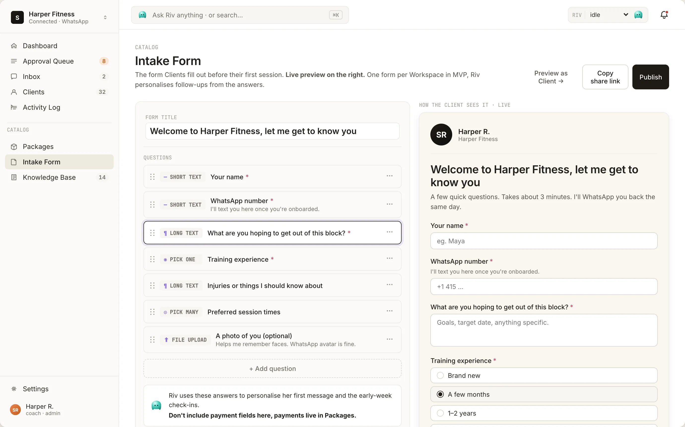 The Crewriv intake form builder: the coach edits the signup questions on the left while the live client-facing form previews on the right, with a copy-share-link and publish button